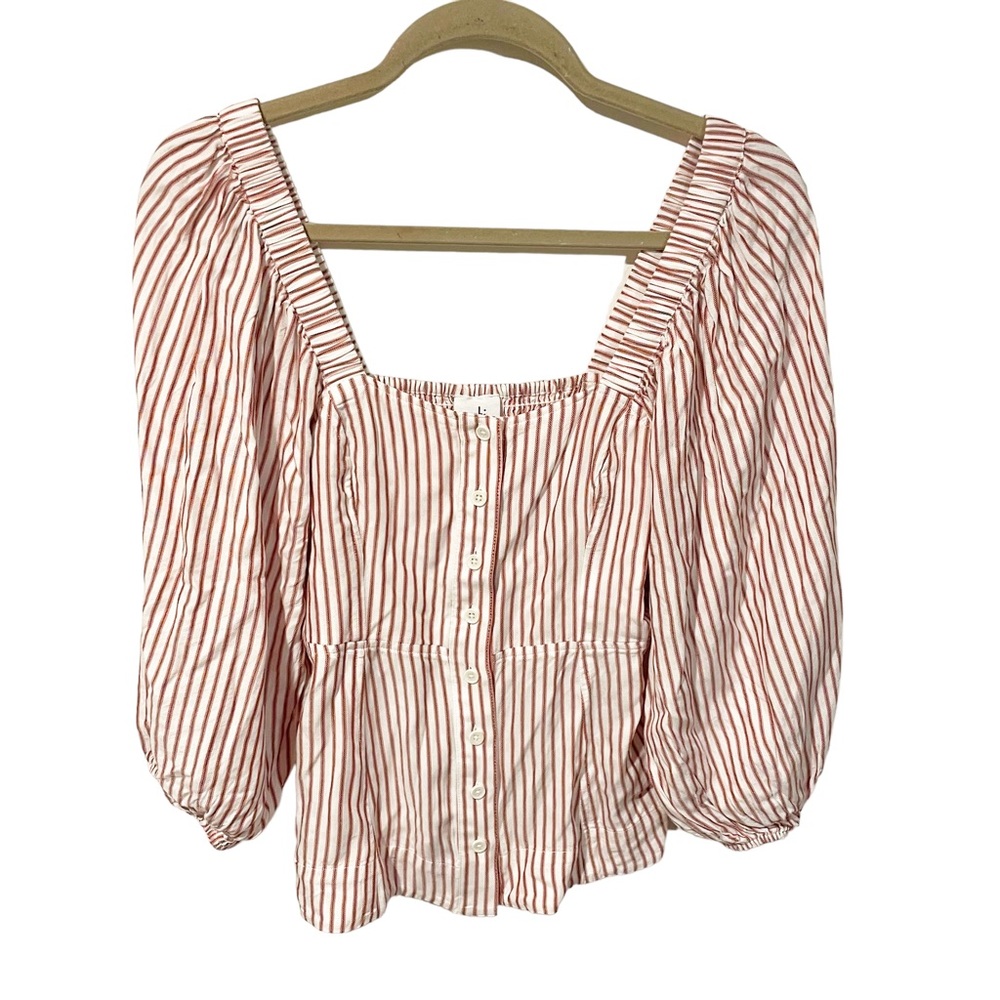 CABI Womens XS Bishop Sleeve Square Neck Top #5890 Red White Stripe Carnival - Picture 2 of 6